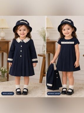 Little Bitty Franco Apparel Vintage Navy Blue Heirloom Dress Coat Hat Set NWT